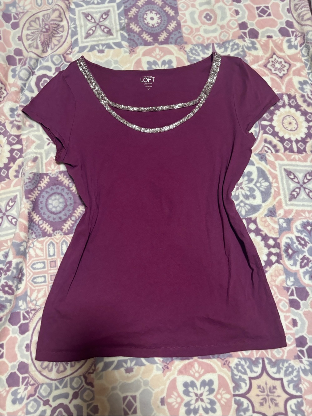 LOFT Plum Short-Sleeve Scoop Neck Top with Sparkle Trim